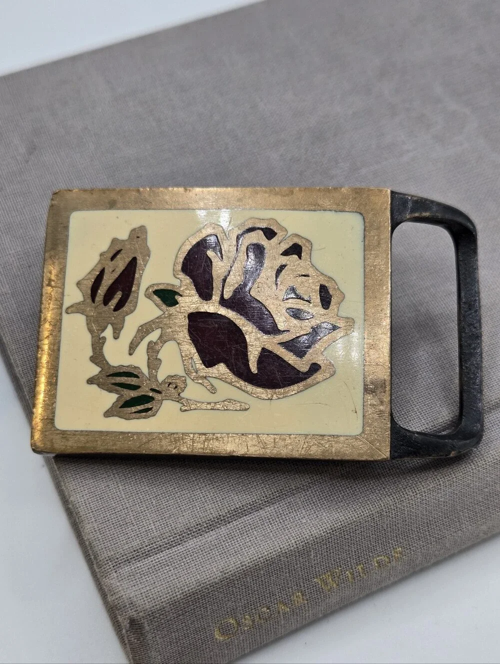 Tech Ether Guild Tea Rose Brass Belt Buckle Cloisonne Enamel 1978 Solid Brass